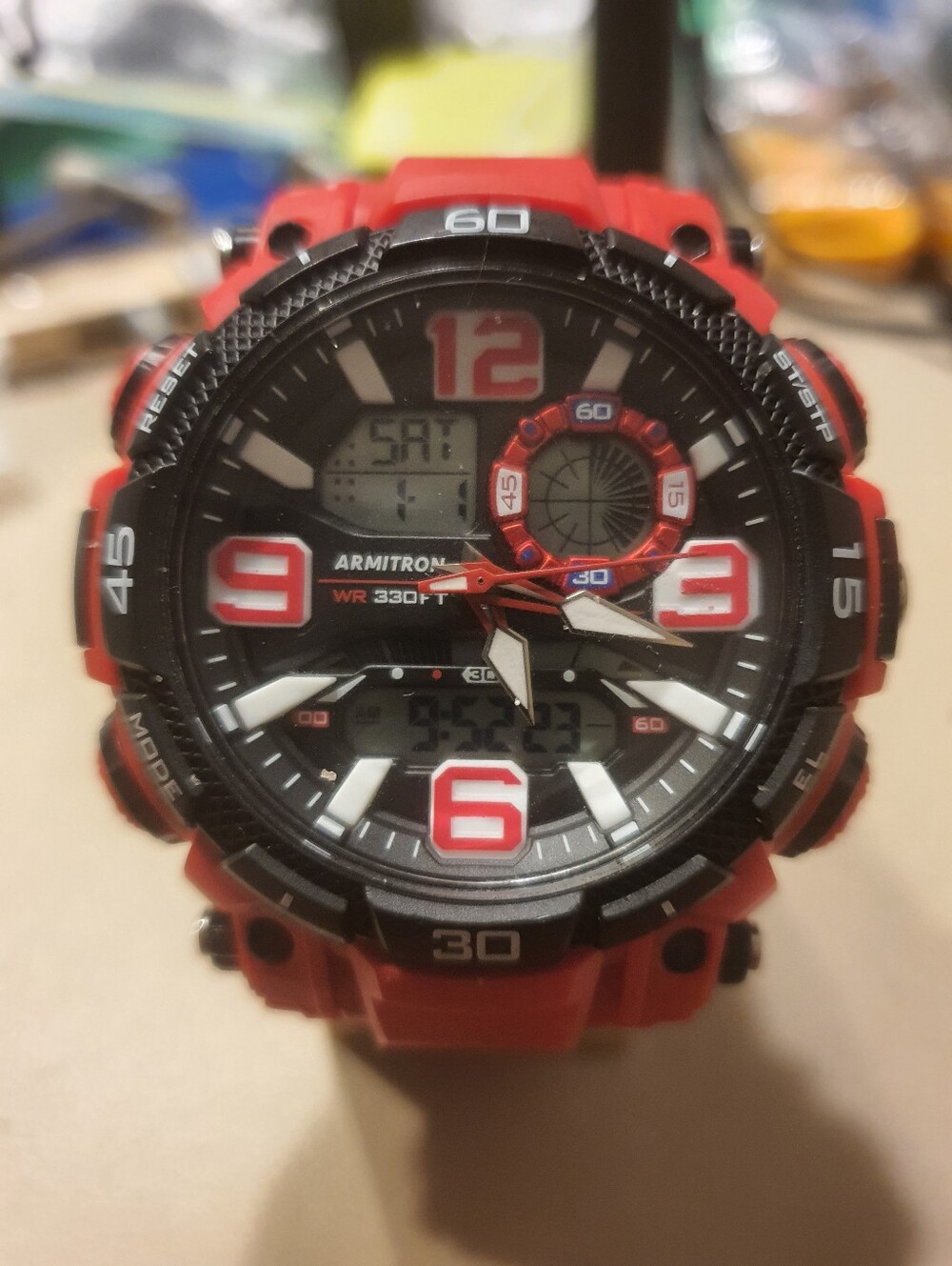 10/$20 Armitron Pro Sport Red Analog/Digital Alarm Chrono Men's Watch For Repair
